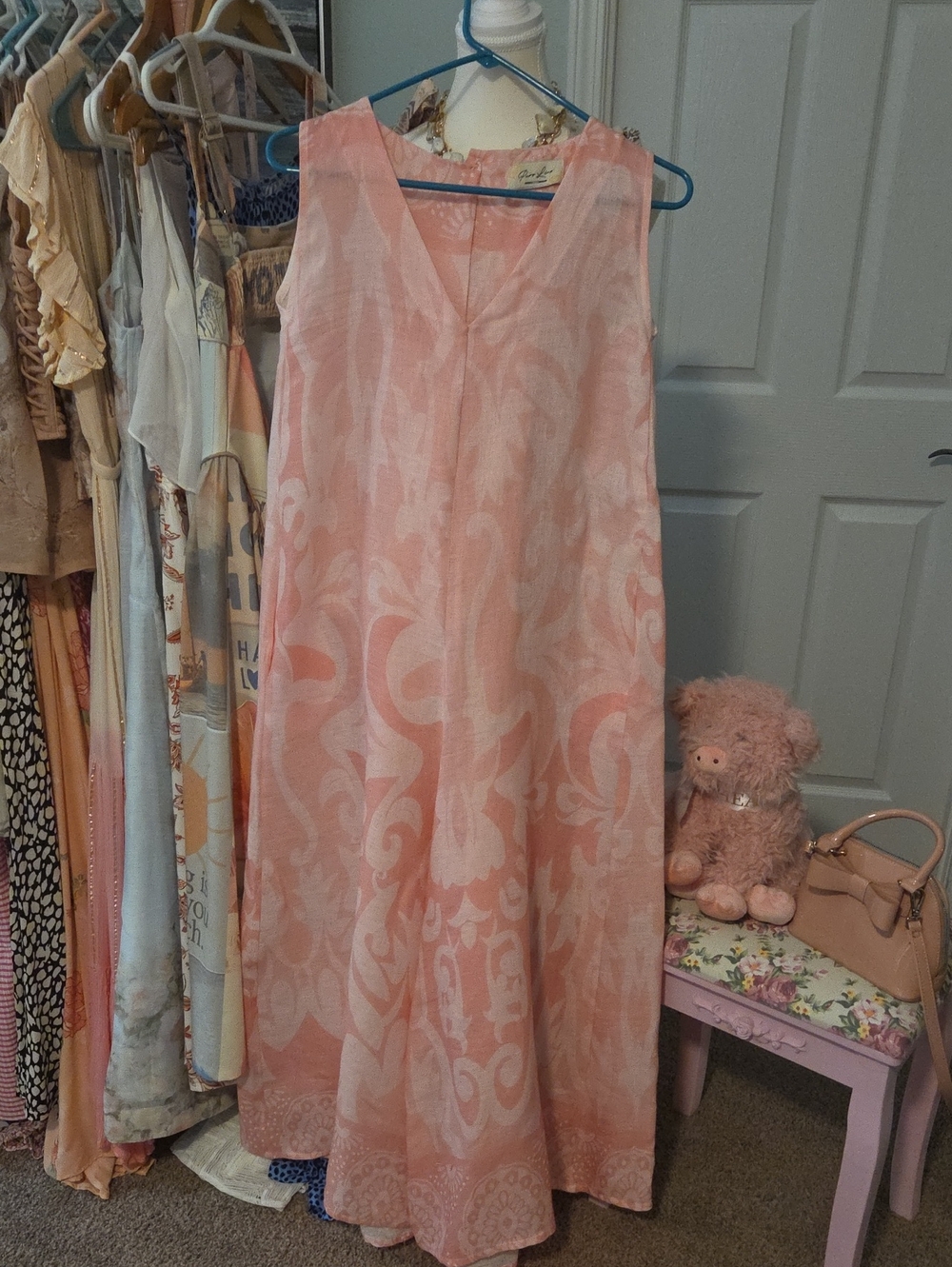Peach Paisley Sleeveless V-Neck Wide Flare Leg Jumpsuit 100% pure Linen